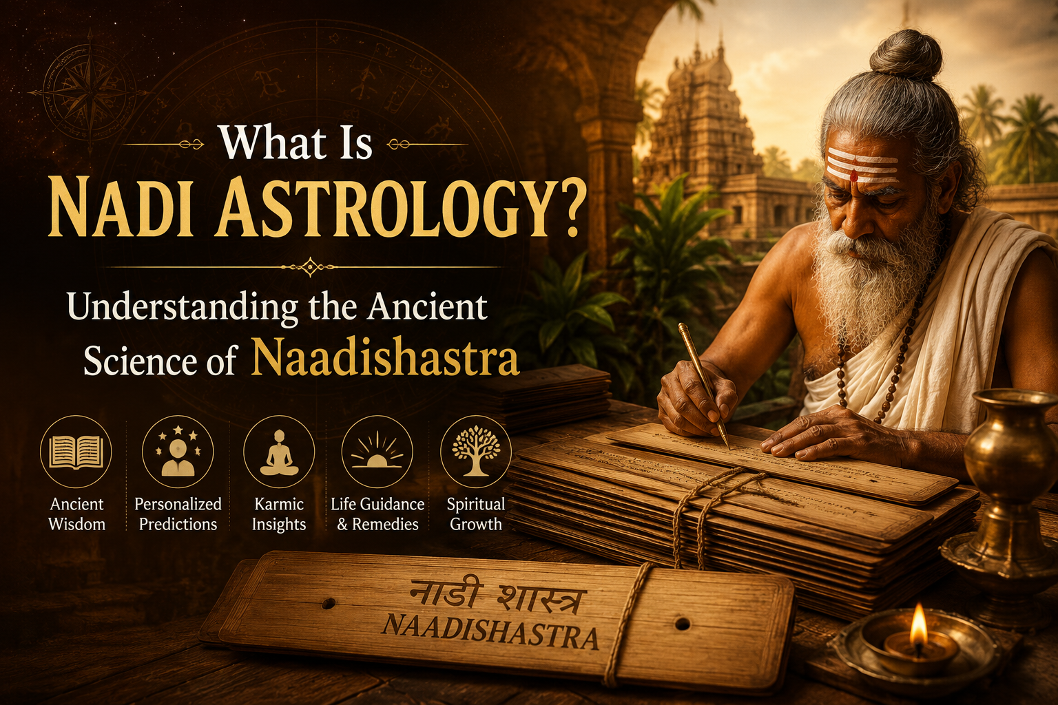 Ancient sage writing Nadi astrology palm leaf manuscripts in a traditional Indian setting.