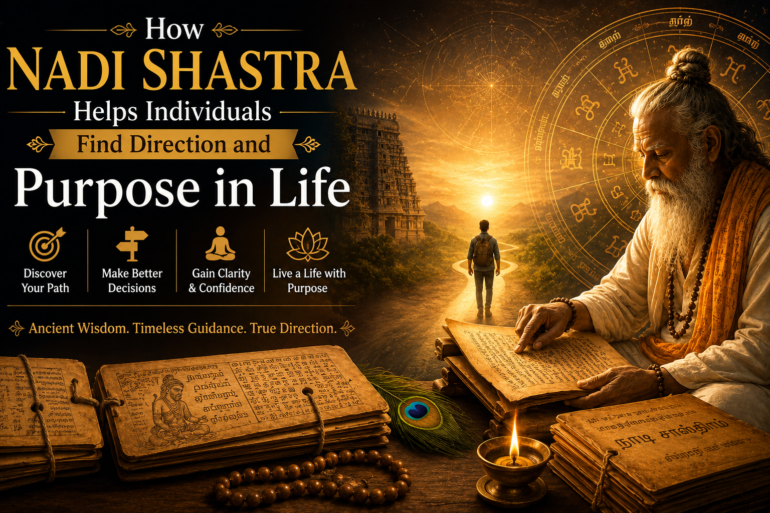 Illustration of Nadi Shastra featuring an ancient sage reading palm-leaf manuscripts with astrological symbols, representing guidance, destiny, and finding purpose in life.